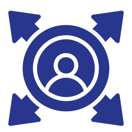 Person icon with outward arrows on black.