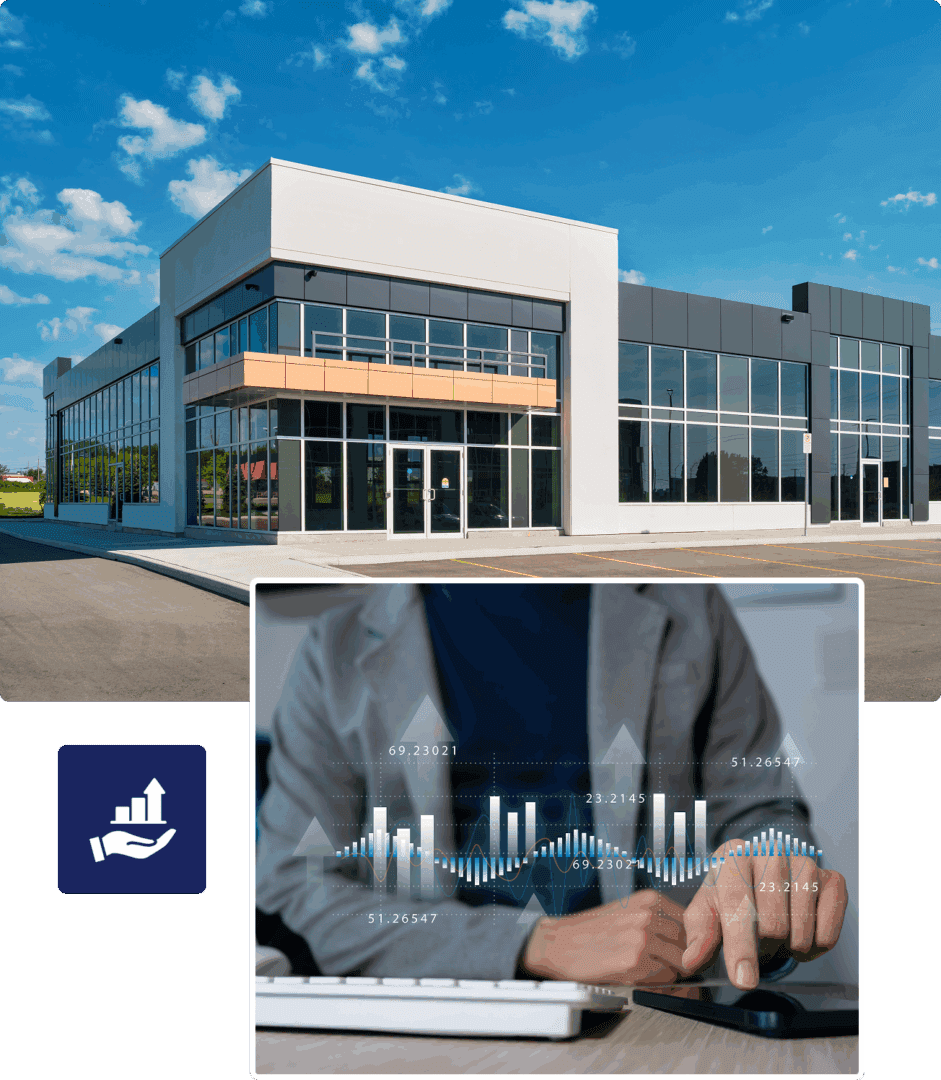 Modern building and digital financial graph overlay.